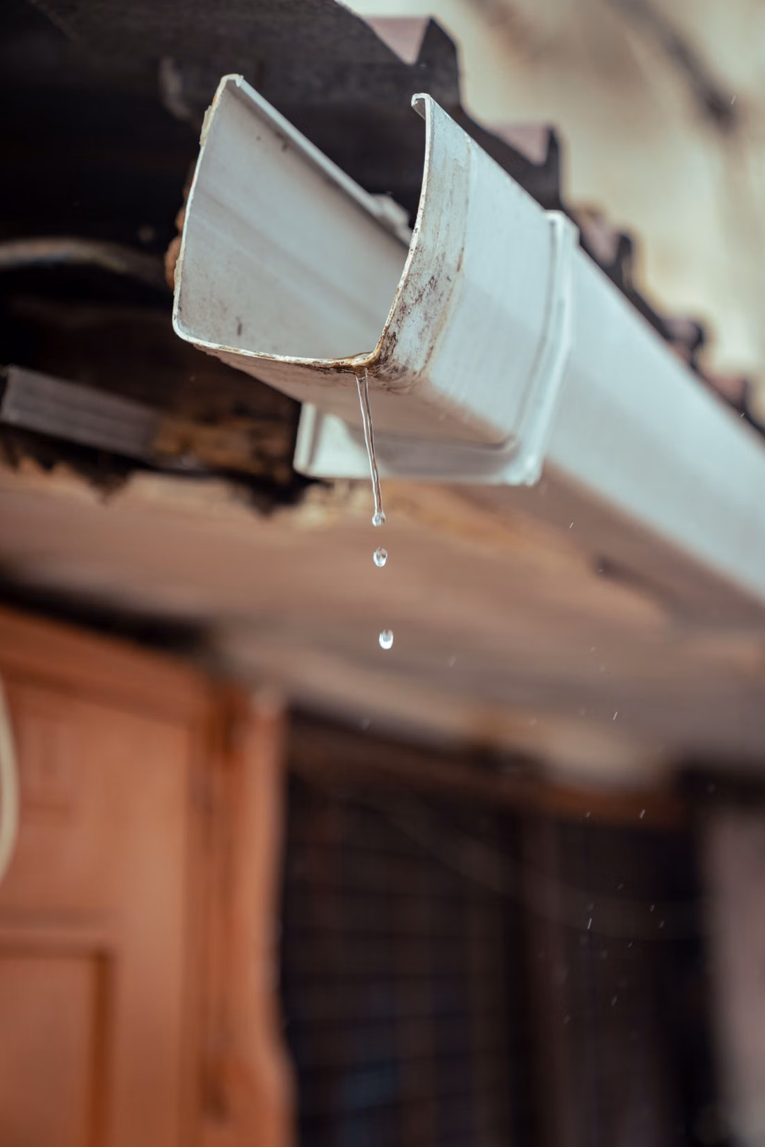 Rainwater dripping from a residential gutter edge